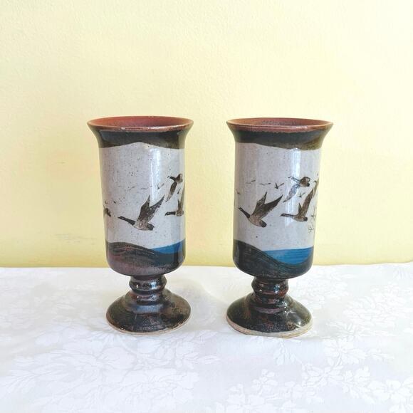 Vtg 70s Otagiri Studio Pottery Bird Geese Footed Coffee Mugs Cup Tea - Picture 4 of 8